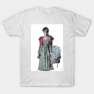 Glamorous Woman with a Red Rose in Evening Dress Watercolor and Ink Painting T-Shirt